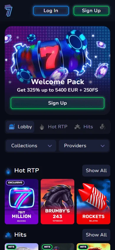 7BitCasino home interface on a mobile device